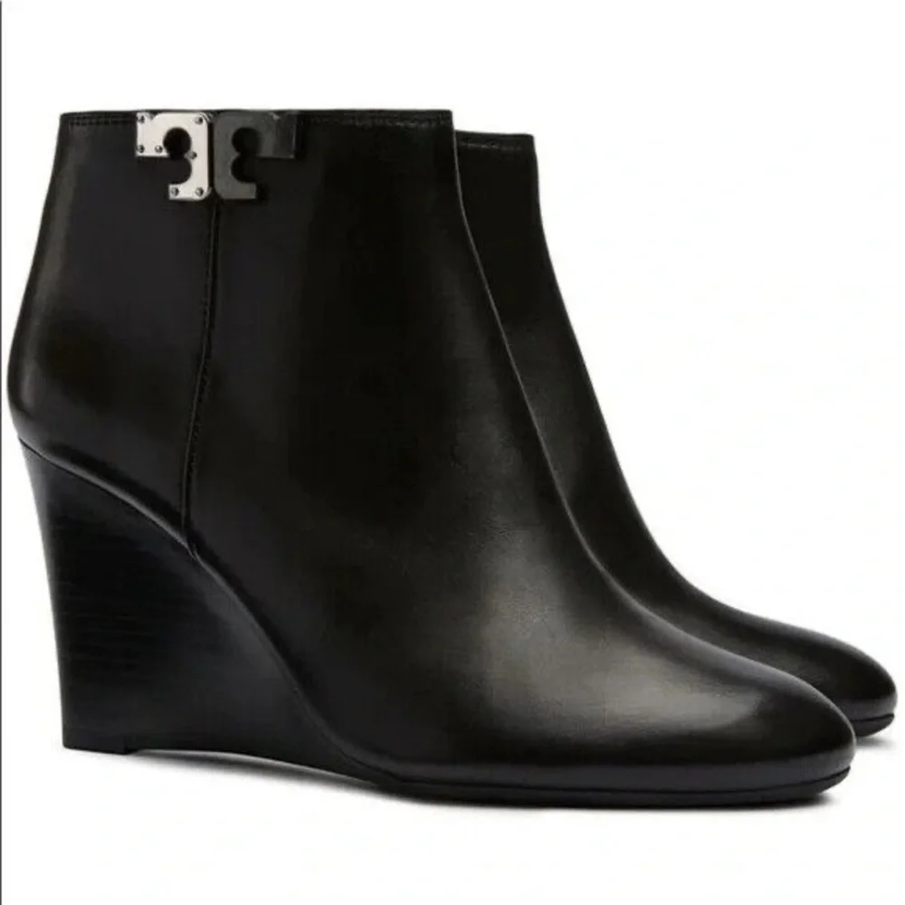 Tory Burch Black Leather Wedge Ankle Boots- Bootie– Size 8M